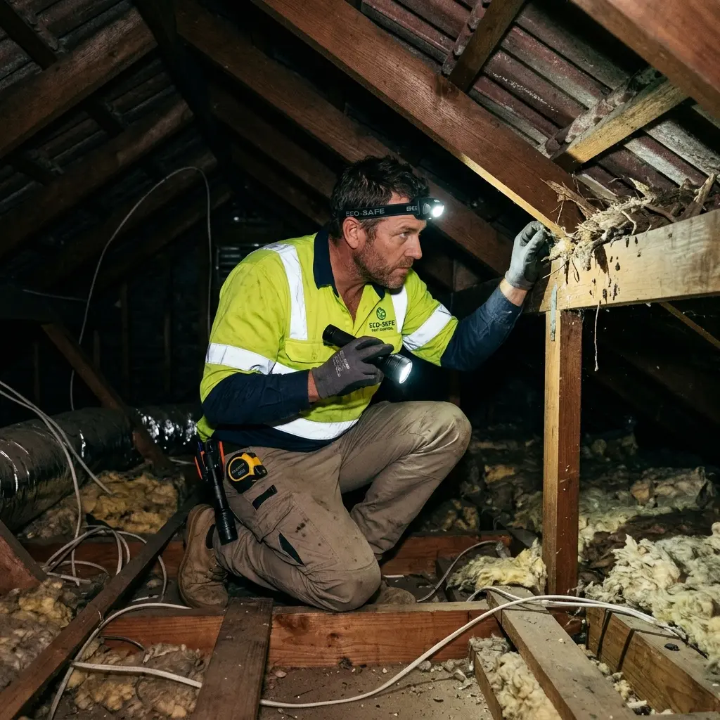 Technician inspecting a roof cavity for a dead animal in Red Hill South