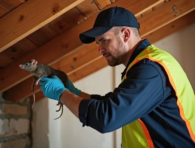 Technician inspecting a roof cavity for a dead rat in Red Hill South